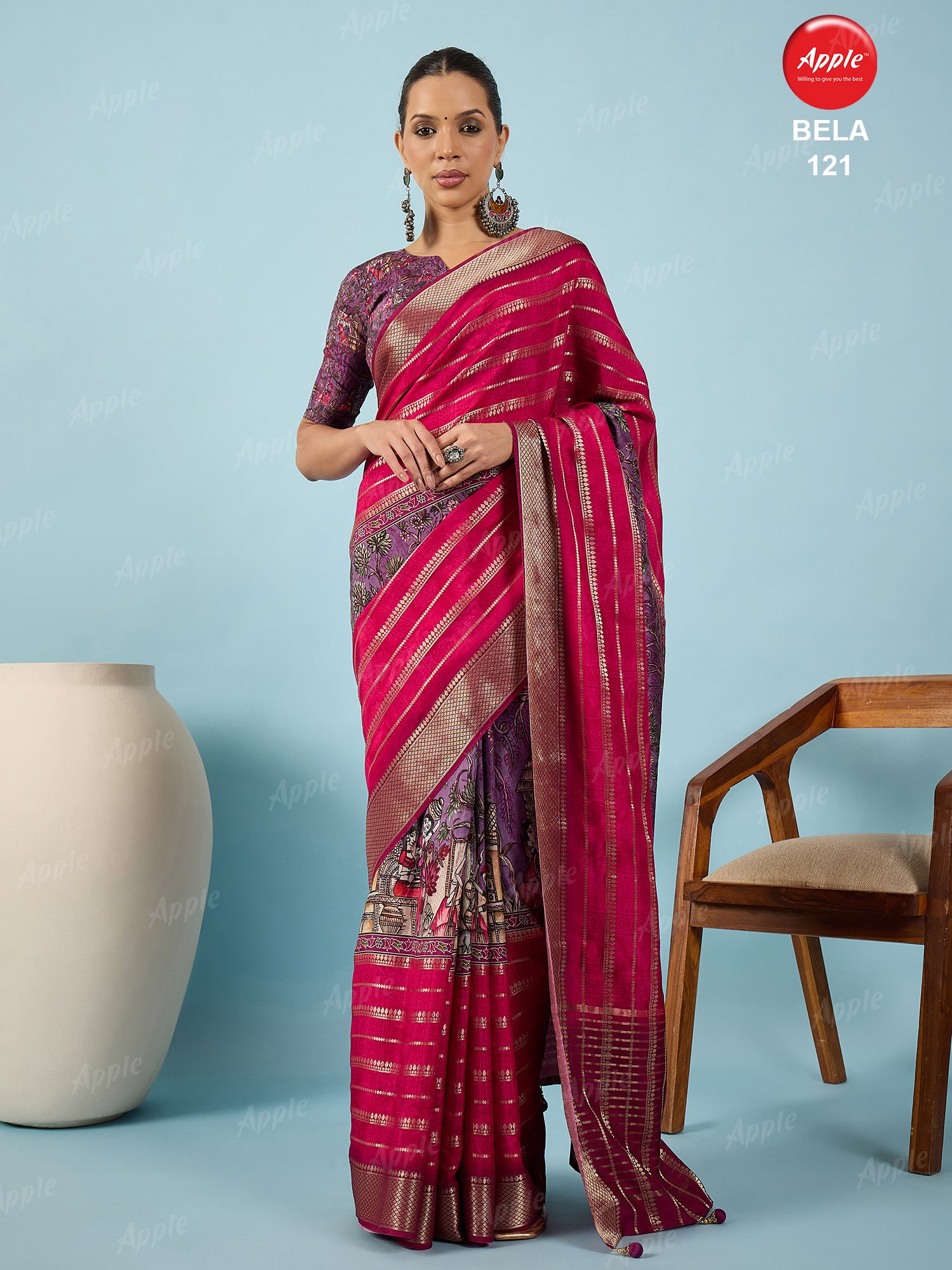 BELA-Royal Rani Pink Designer Saree with Elegant Zari Weaving & Artistic Prints