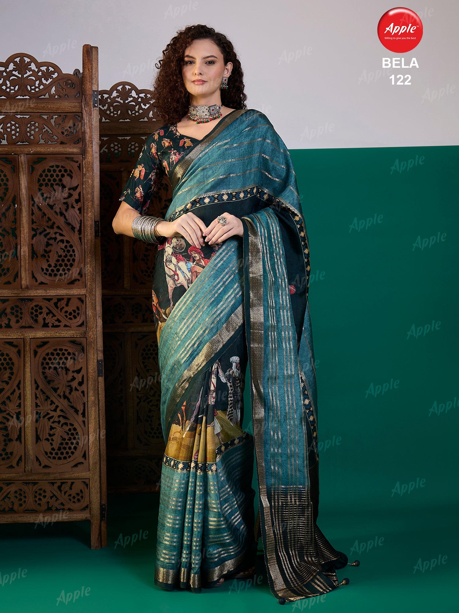 BELA-Features artistic heritage-inspired printed motifs on the pleats and pallu