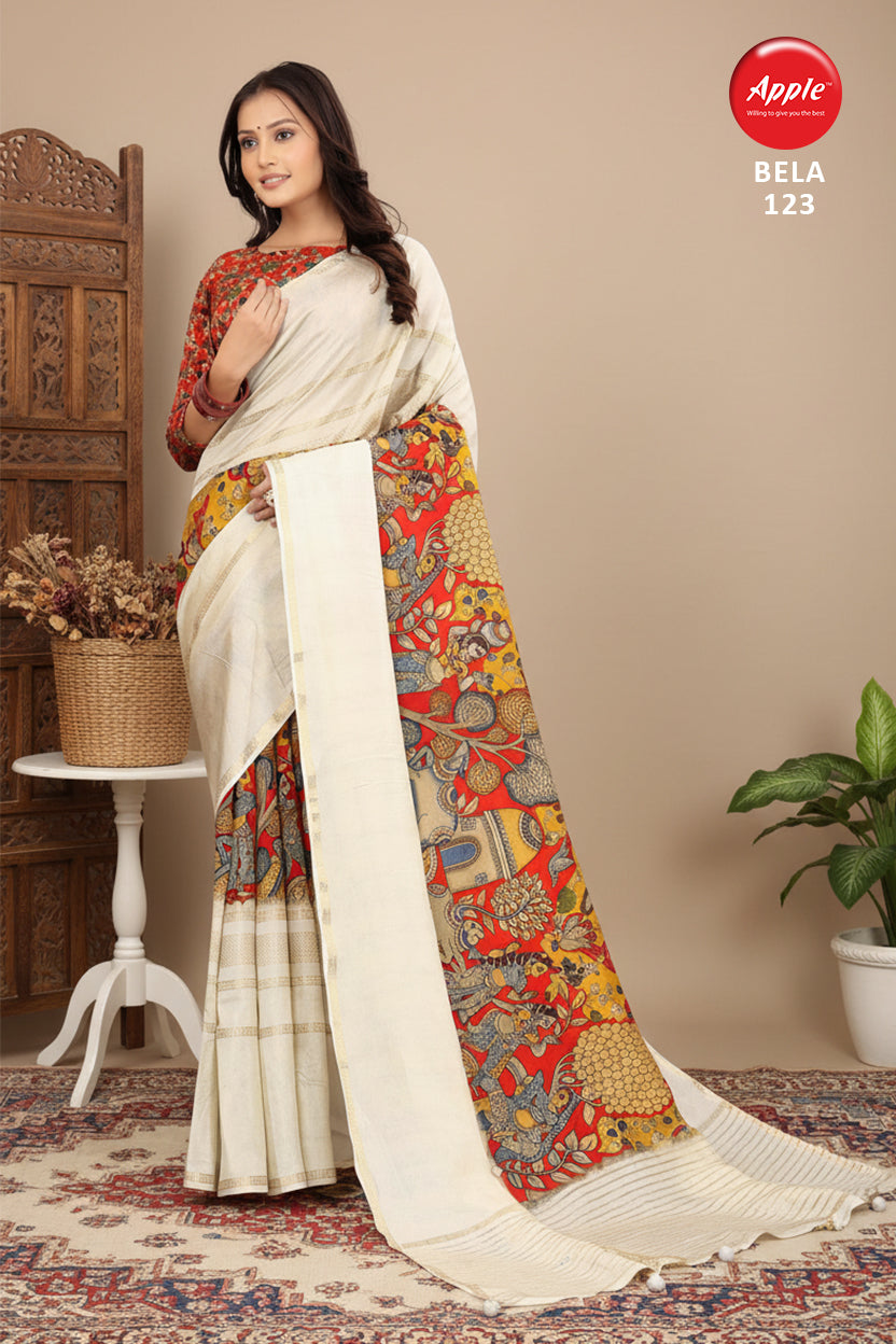 BELA-“Elegant Ivory Linen Saree with Vibrant Kalamkari Printed Pallu”