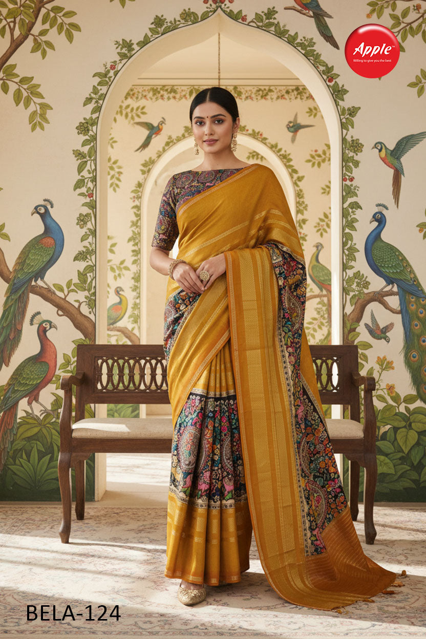 BELA-Royal Mustard Silk Saree with Floral Kalamkari Designer Border
