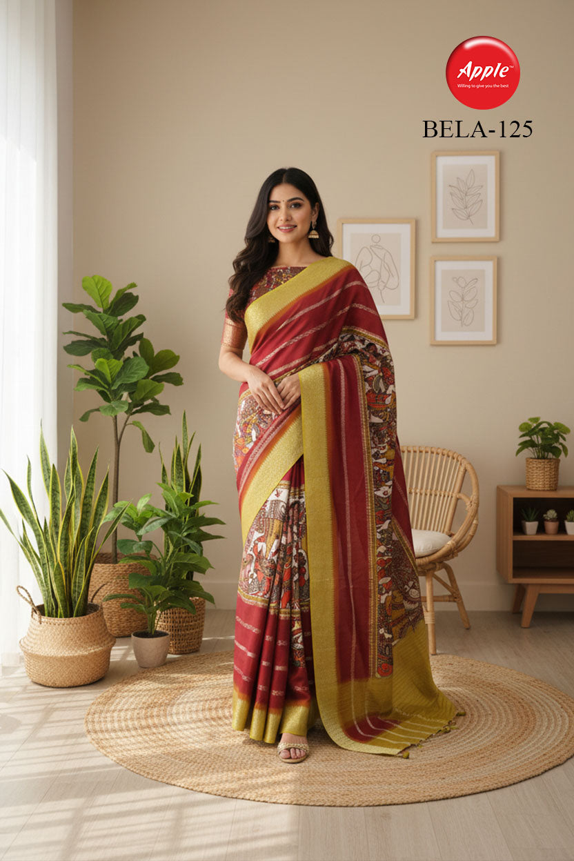 BELA-Regal Maroon & Mustard Kalamkari Art Silk Saree