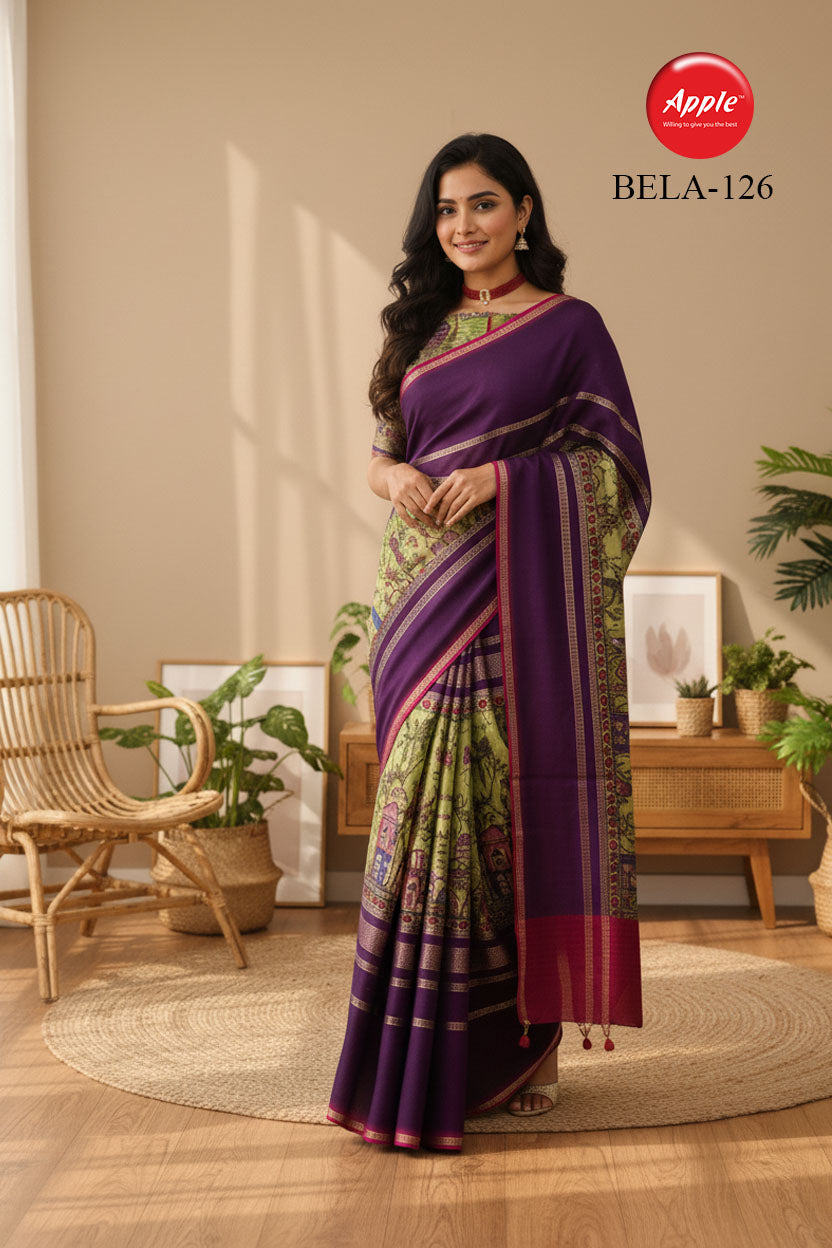 BELA-Rich royal purple saree with elegant olive green printed panels