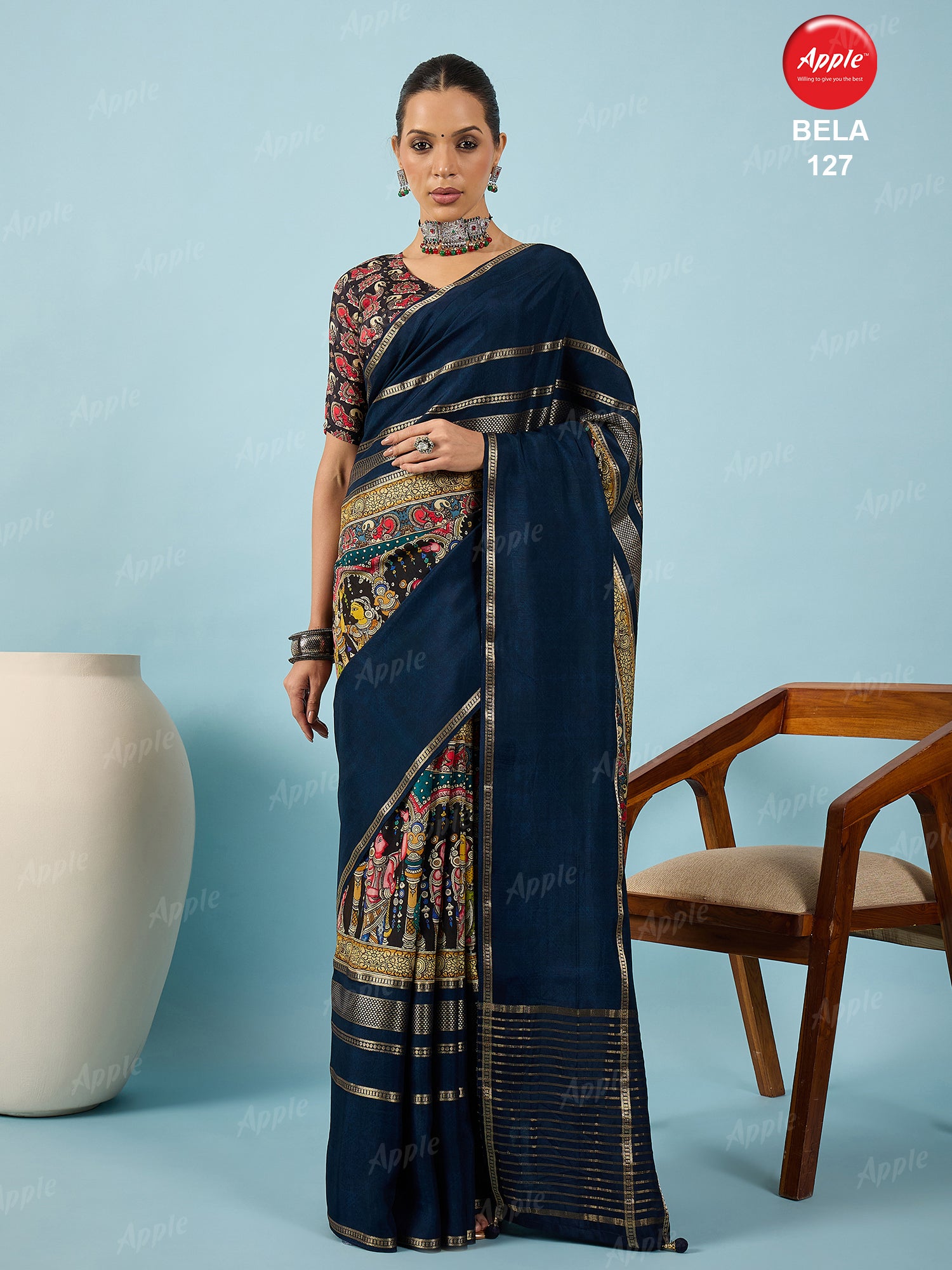 BELA-Elegant navy blue saree with intricate traditional printed artwork