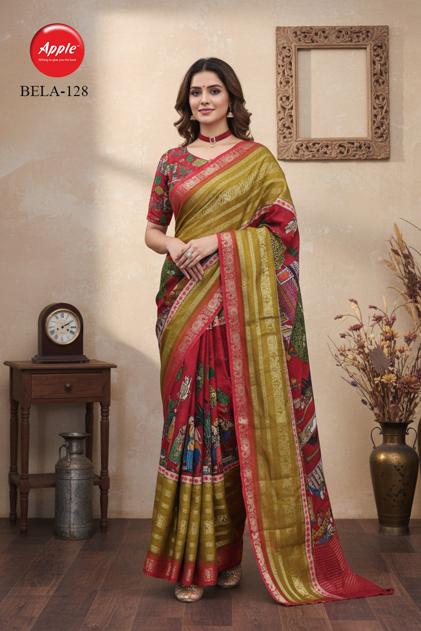 BELA-Features intricate ethnic and folk-inspired printed motifs on the pleats and pallu