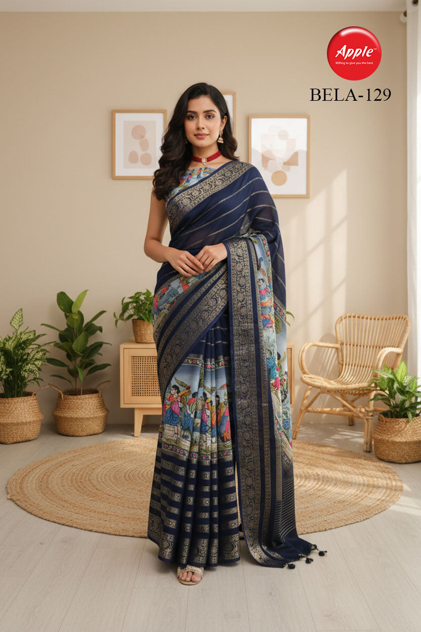 BELA-Elegant navy blue saree with rich traditional woven border