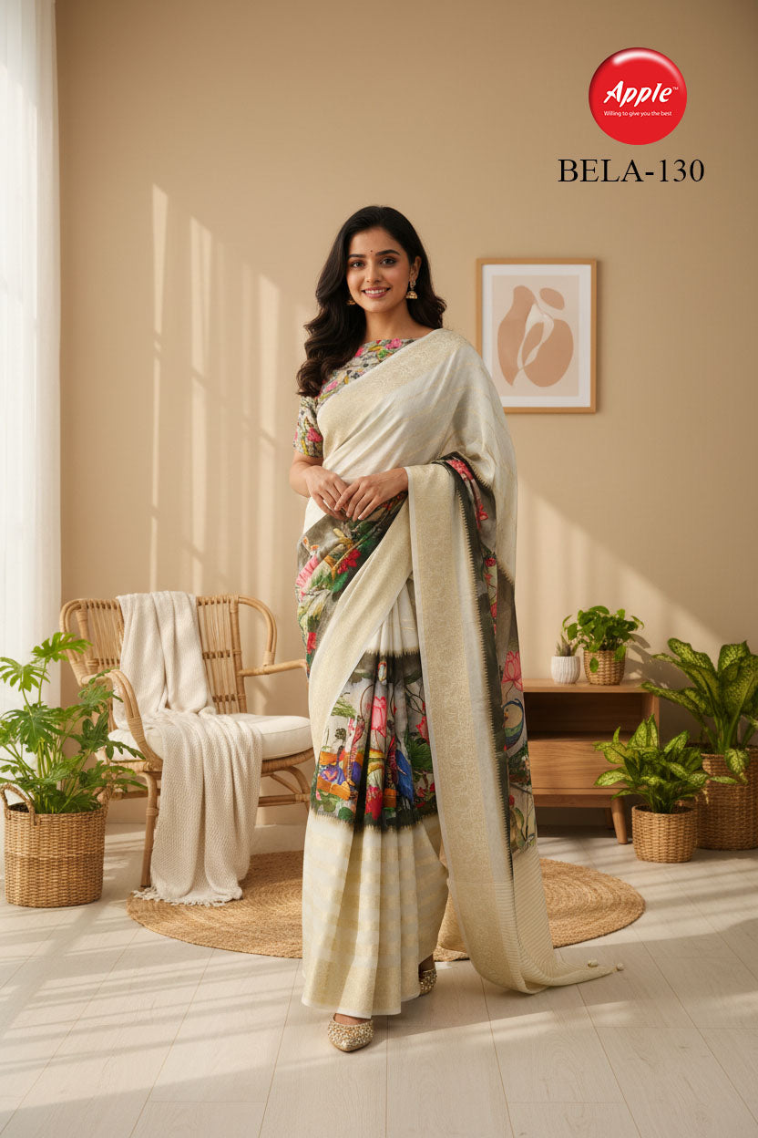 BELA-Elegant cream-white saree with artistic multicolor scenic print accents