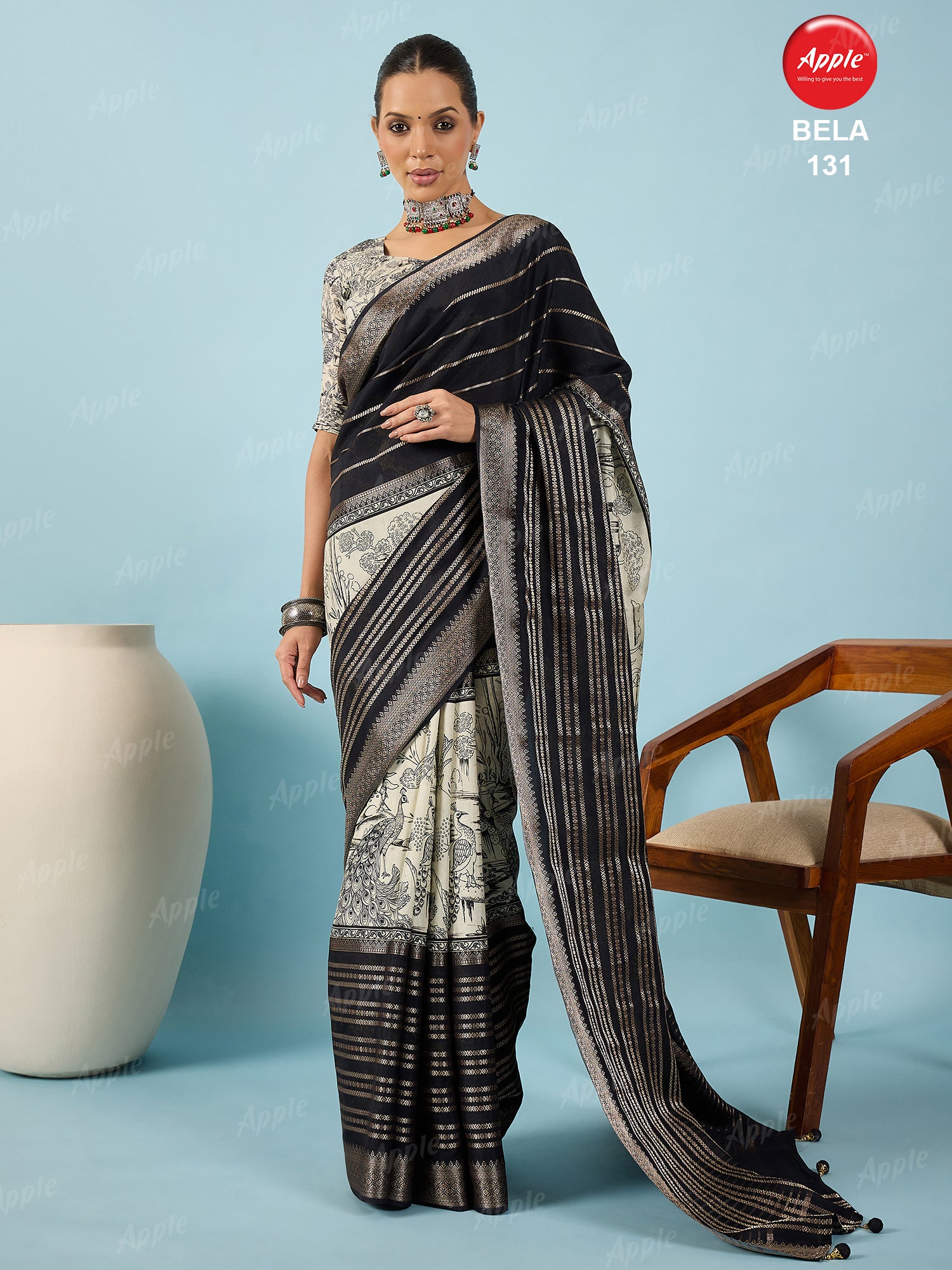 BELA-Elegant black and ivory saree with sophisticated woven stripe detailing