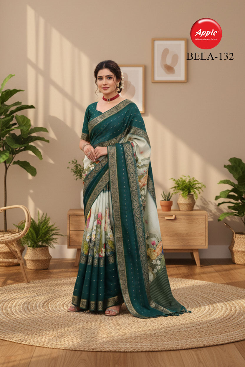 BELA-Elegant teal green saree with artistic floral scenic print