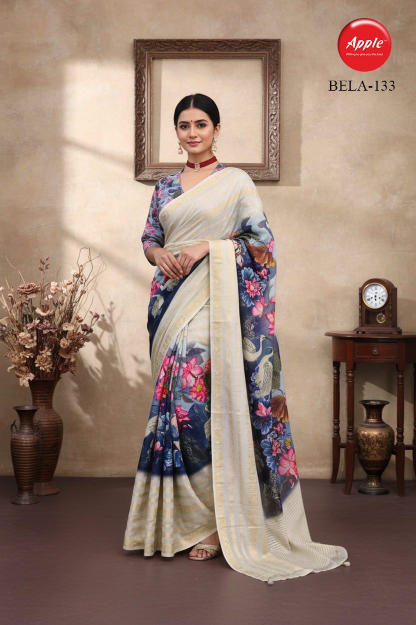 BELA-Elegant ivory and navy blue saree with vibrant floral digital prints
