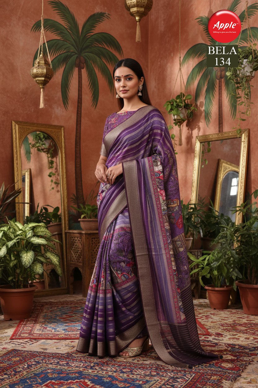 BELA-Royal Purple Heritage Printed Silk Saree with Elegant Zari Border