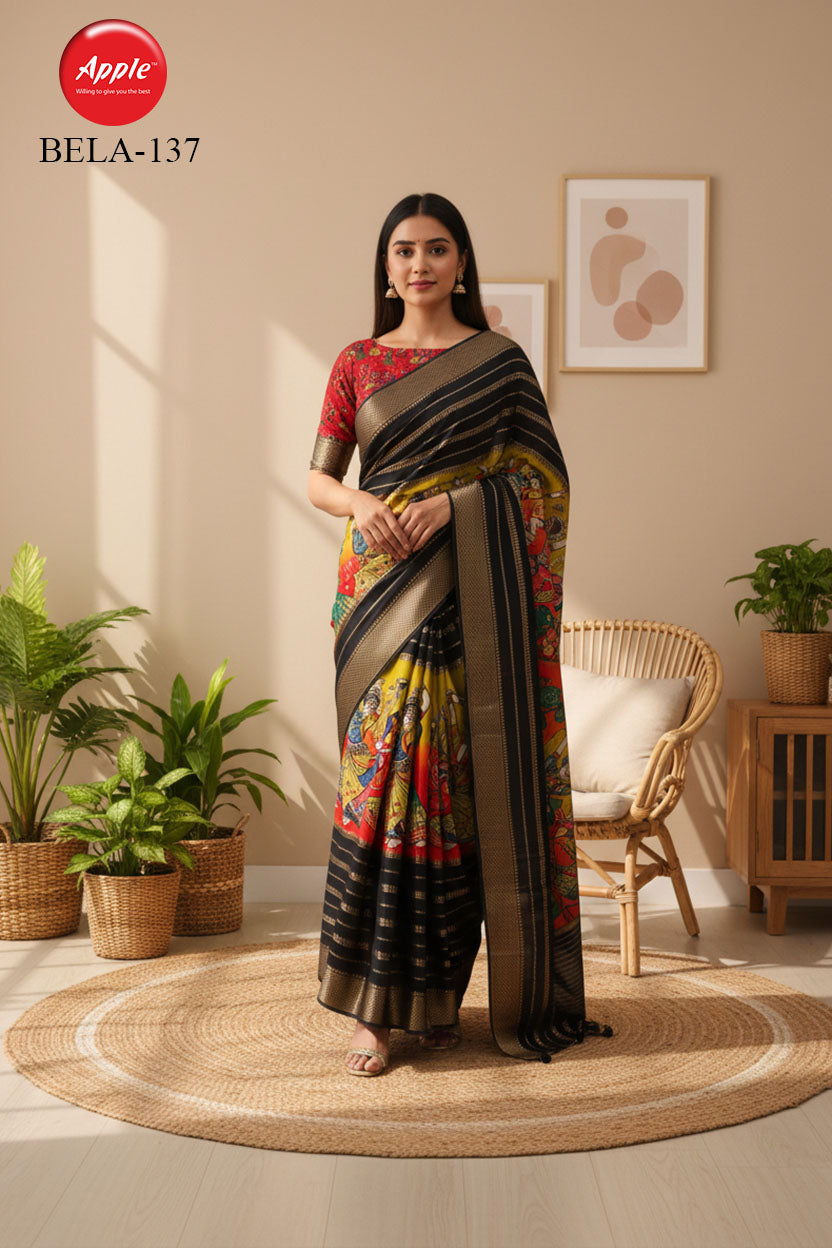 BELA-Elegant black saree with vibrant multicolor traditional artwork prints