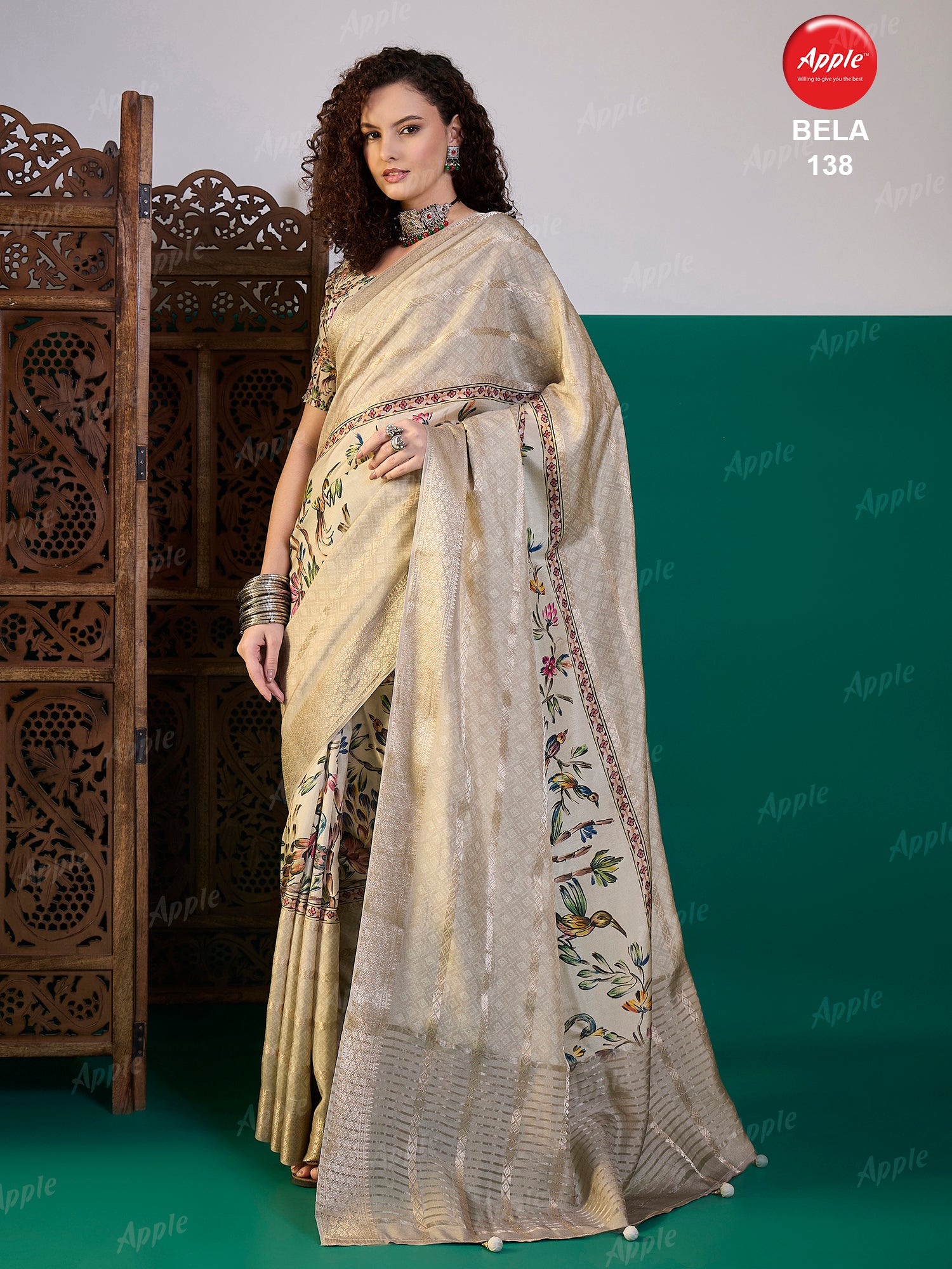 BELA-Elegant cream and gold saree with graceful woven texture