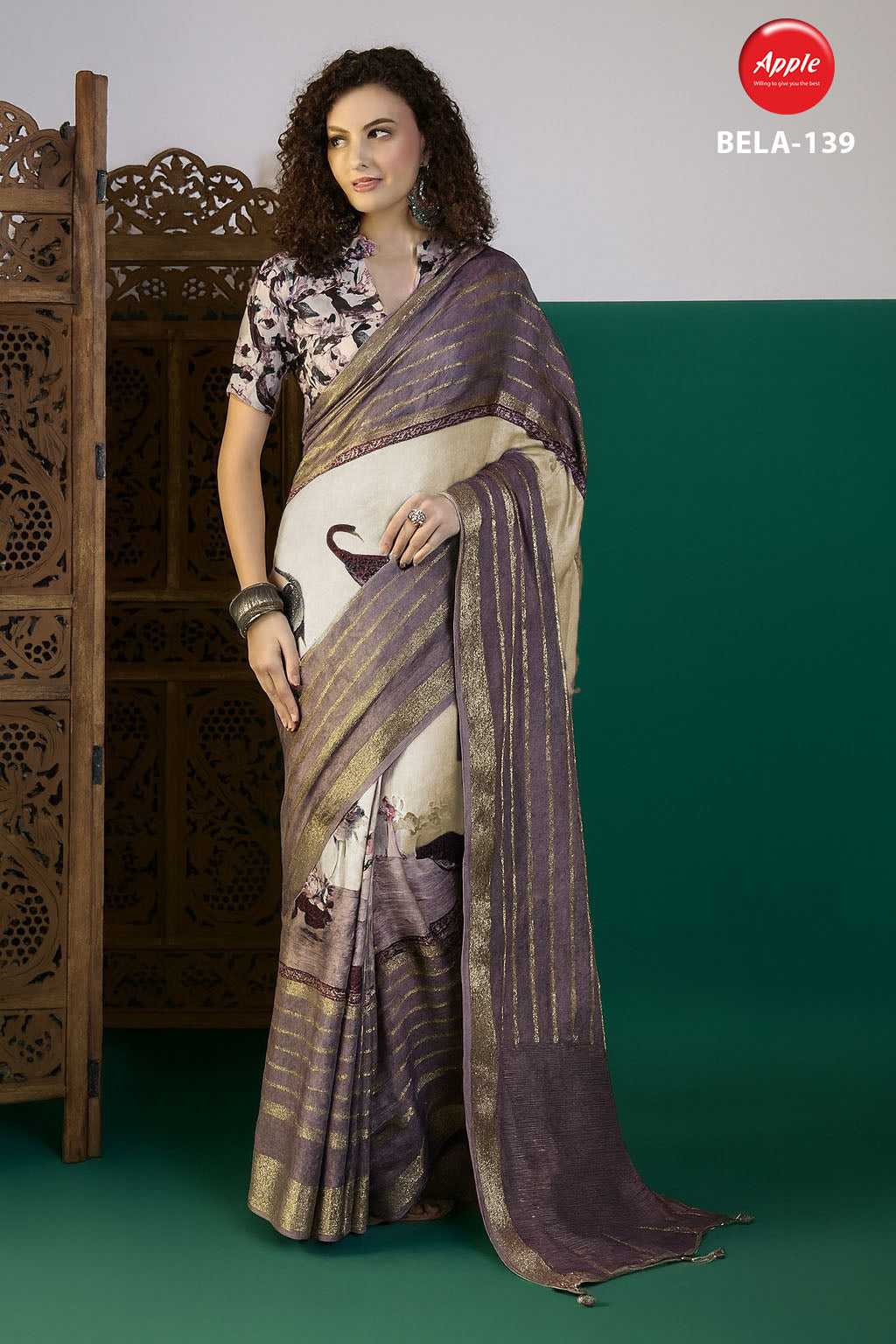 BELA-Elegant lavender and cream saree with shimmering zari stripe detailing