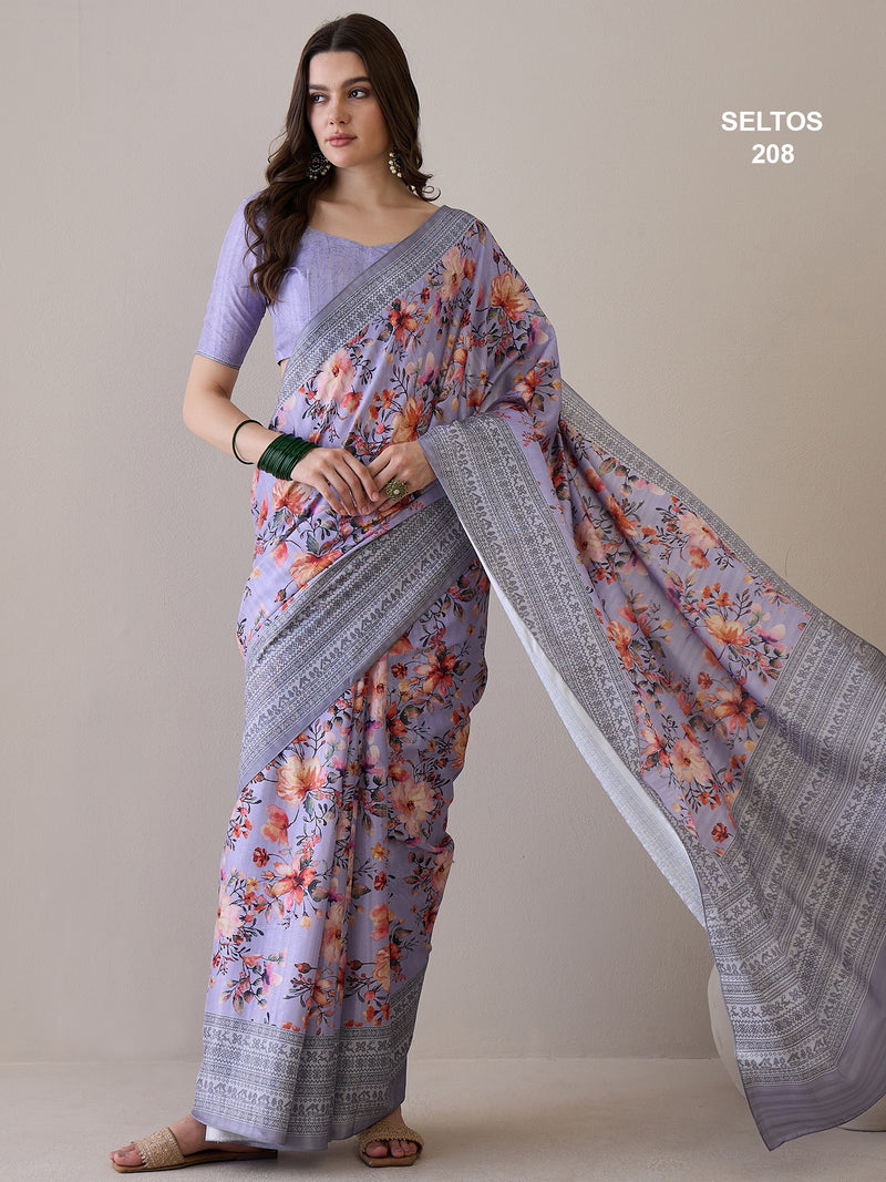 SELTOS Kalamkari Floral Prints cotton Silk Saree With printed Border Designer Pallu saree