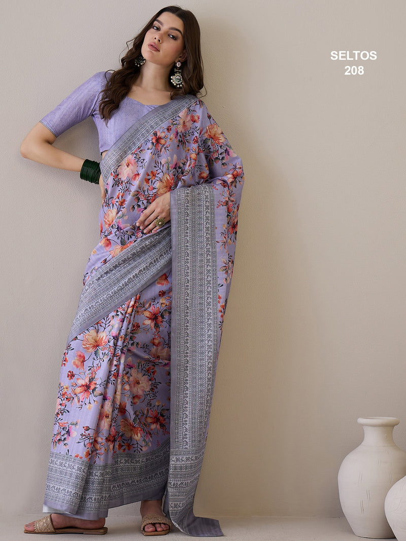 SELTOS Kalamkari Floral Prints cotton Silk Saree With printed Border Designer Pallu saree