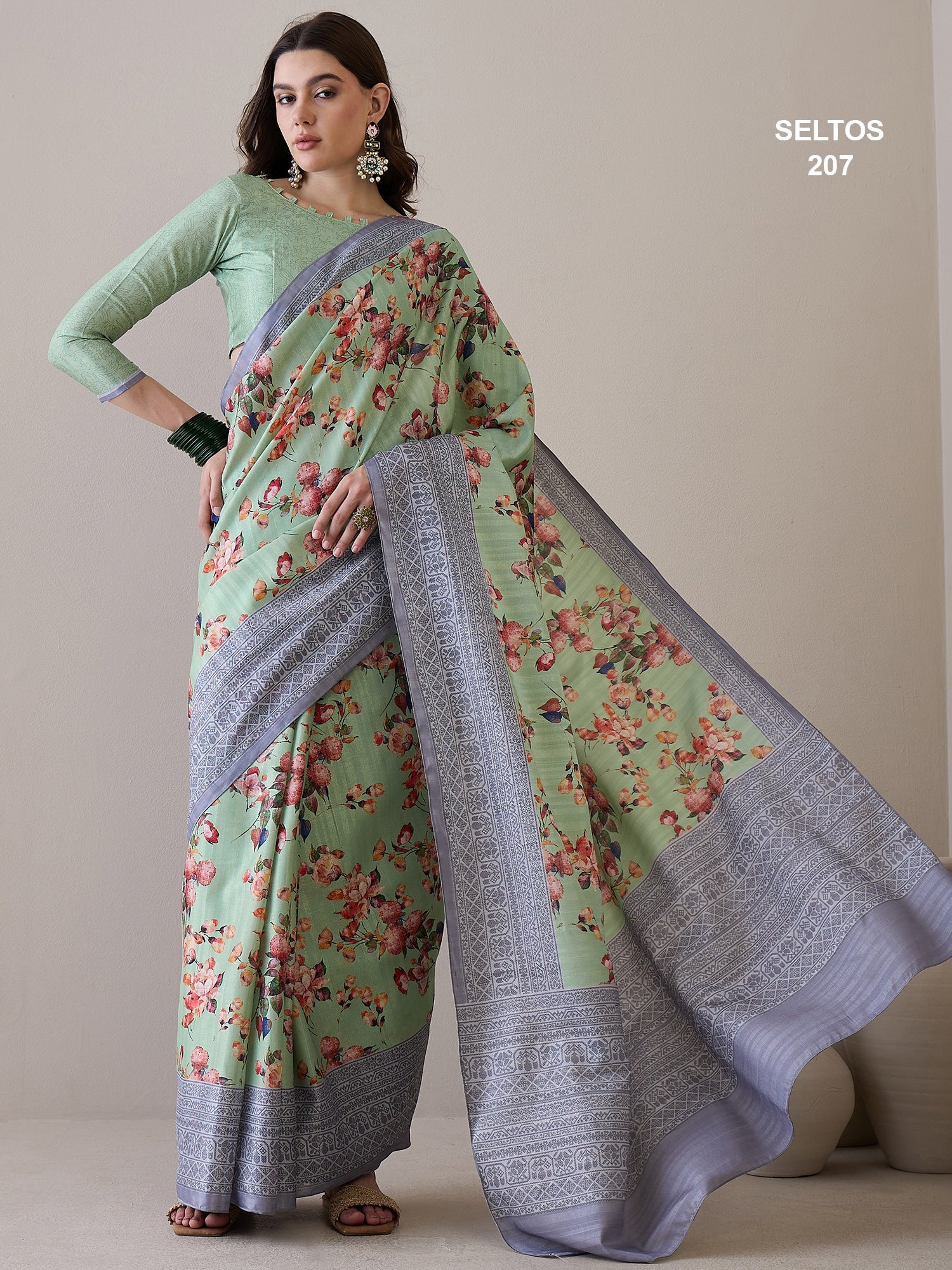SELTOS Womens New Latest Digitally Floral Printed Cotton silk Saree