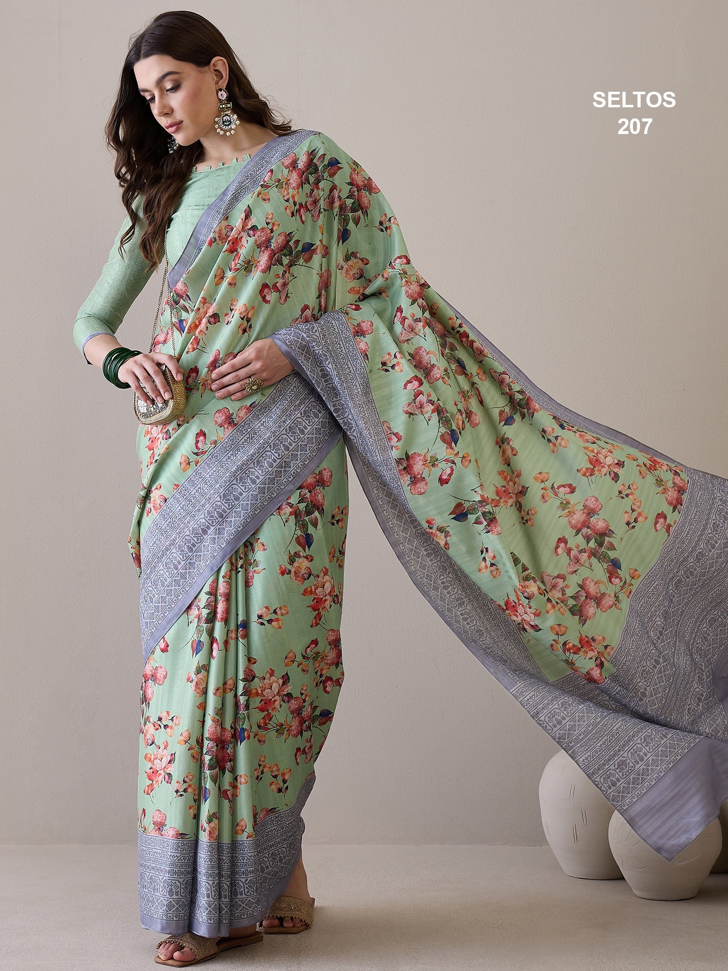 SELTOS Womens New Latest Digitally Floral Printed Cotton silk Saree