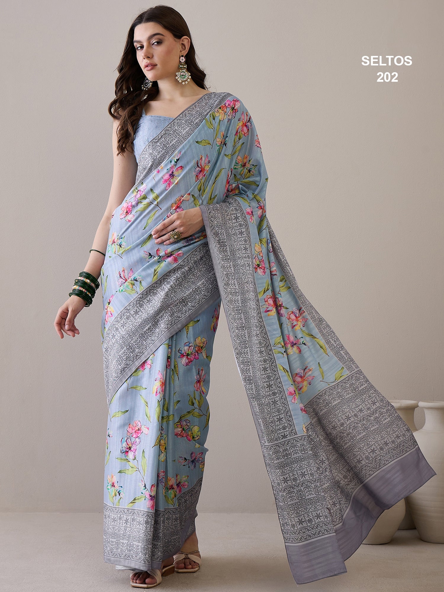 SELTOS Kalamkari Floral Prints Cotton Silk Saree With printed Border Designer Pallu saree
