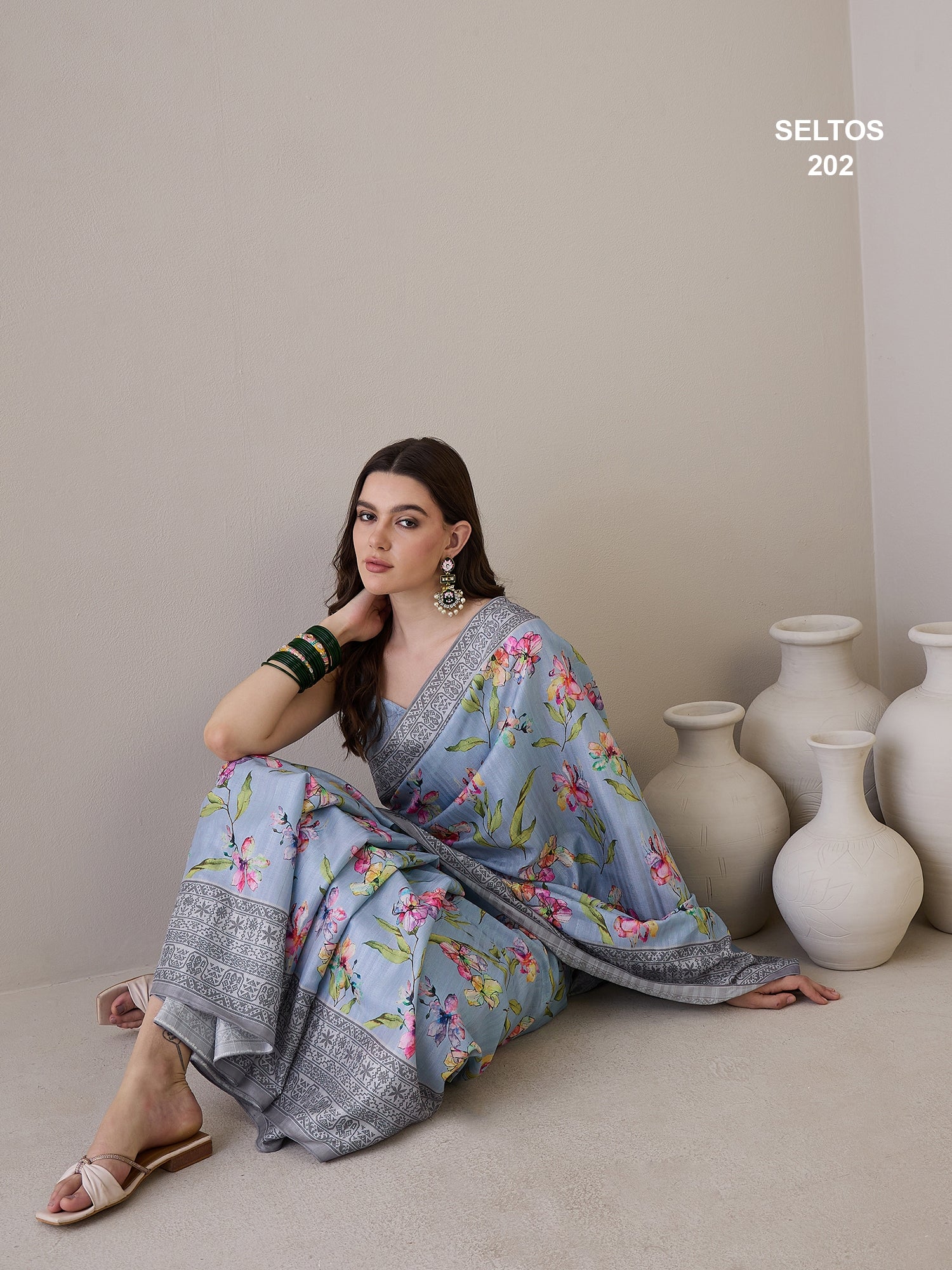 SELTOS Kalamkari Floral Prints Cotton Silk Saree With printed Border Designer Pallu saree
