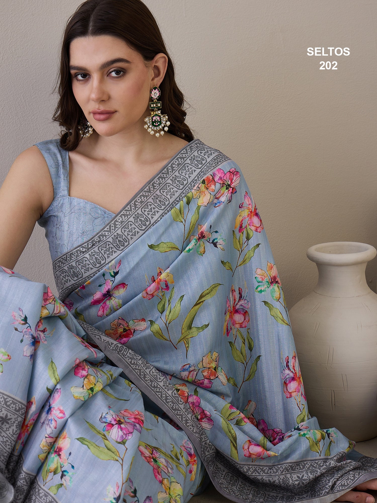 SELTOS Kalamkari Floral Prints Cotton Silk Saree With printed Border Designer Pallu saree