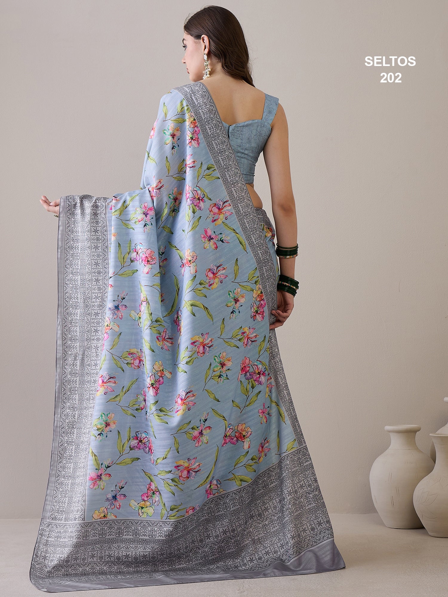 SELTOS Kalamkari Floral Prints Cotton Silk Saree With printed Border Designer Pallu saree