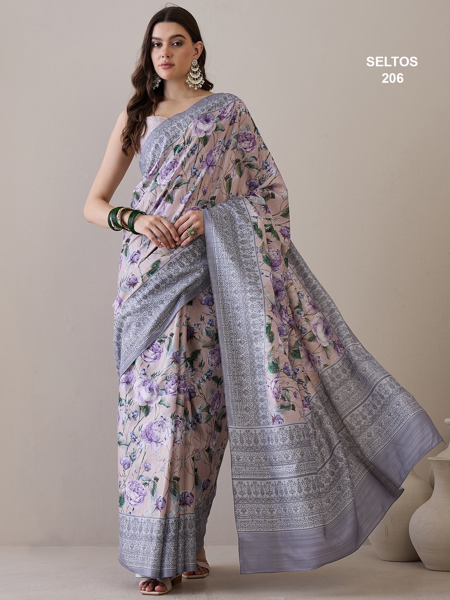 SELTOS Women's printed cotton silk flower design saree