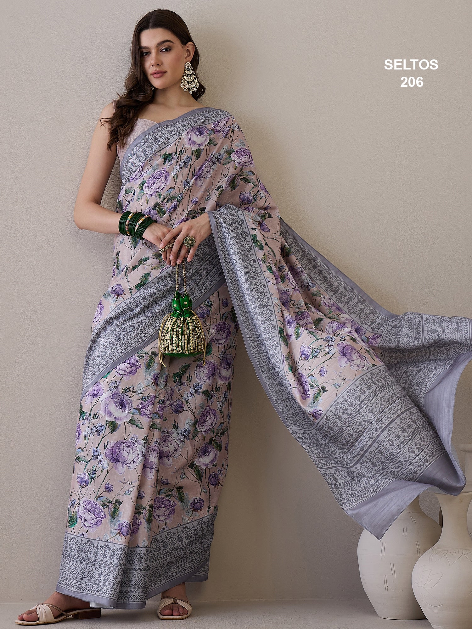SELTOS Women's printed cotton silk flower design saree