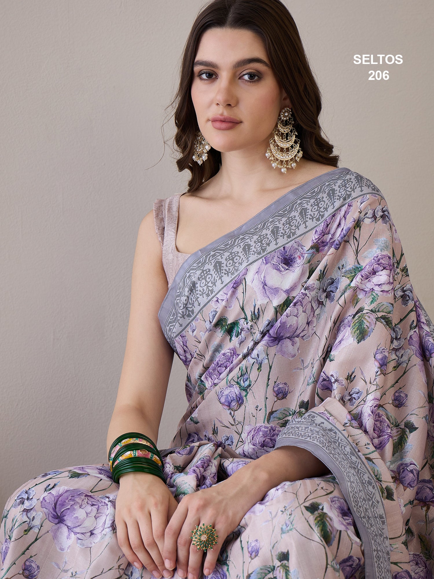 SELTOS Women's printed cotton silk flower design saree