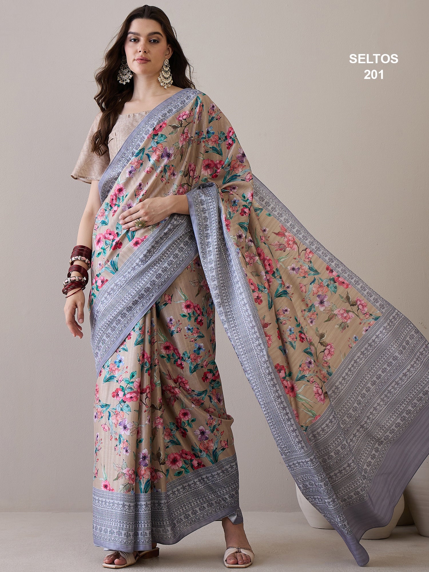 SELTOS Women's printed cotton silk flower design saree