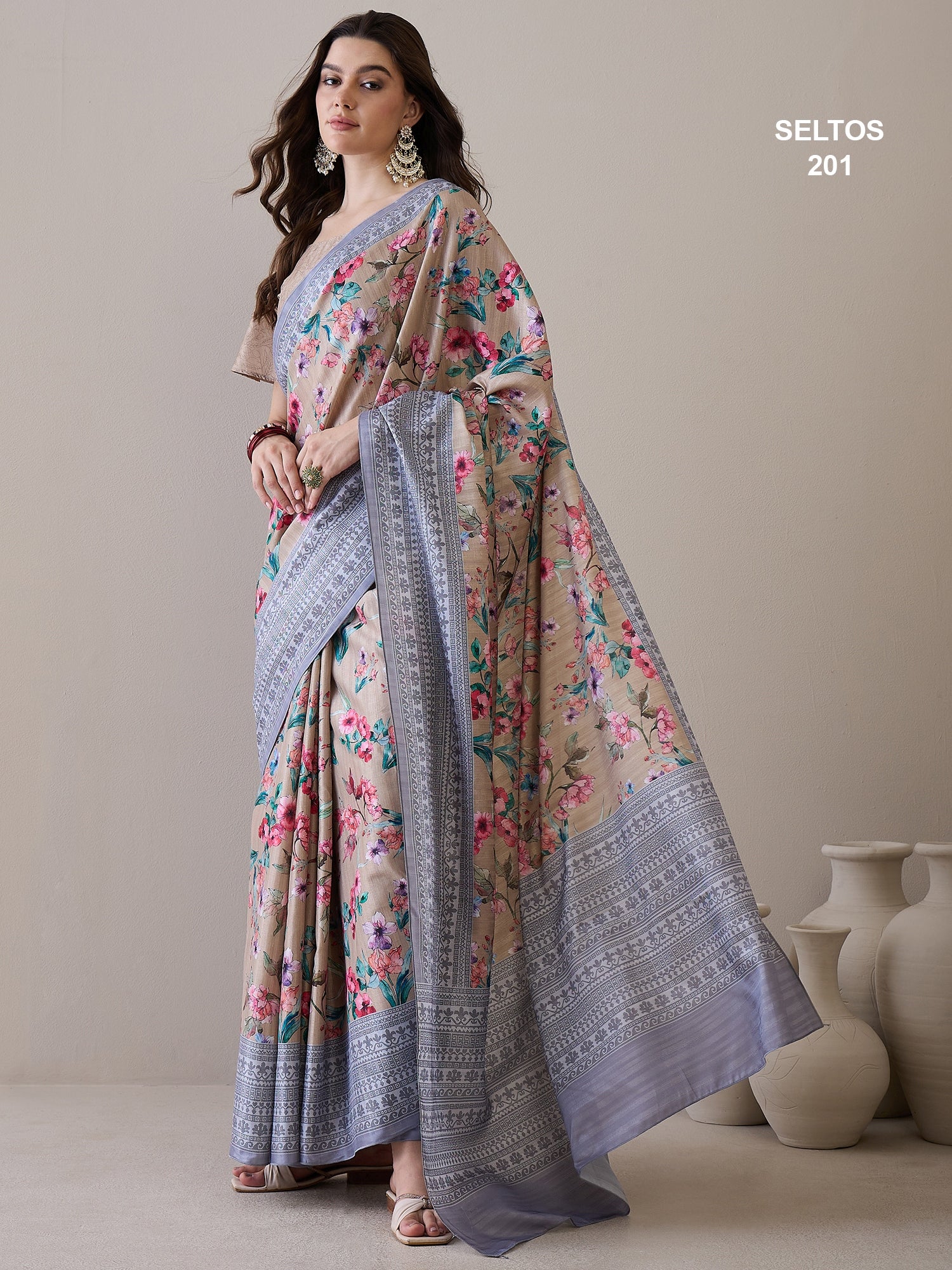 SELTOS Women's printed cotton silk flower design saree