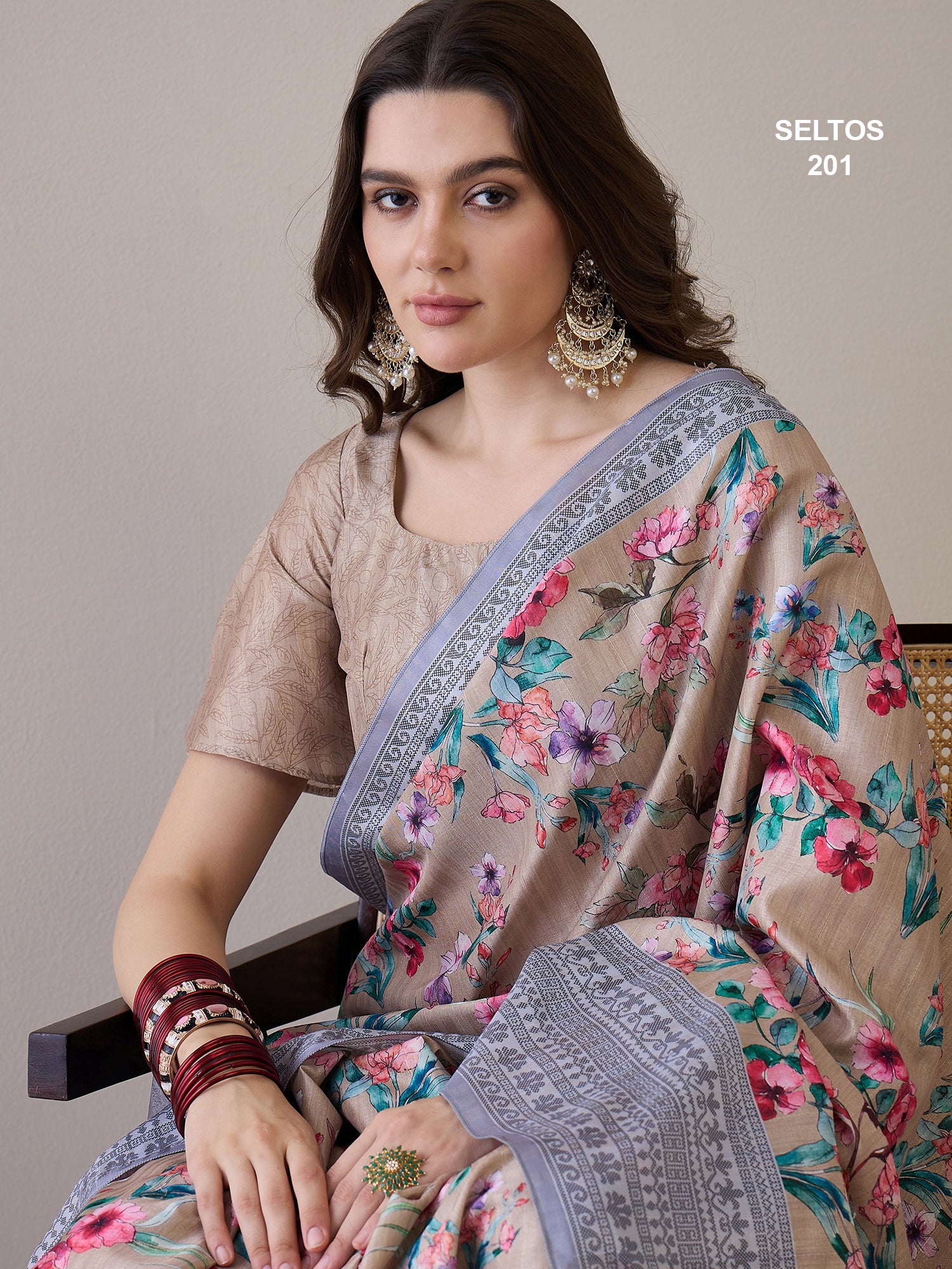 SELTOS Women's printed cotton silk flower design saree