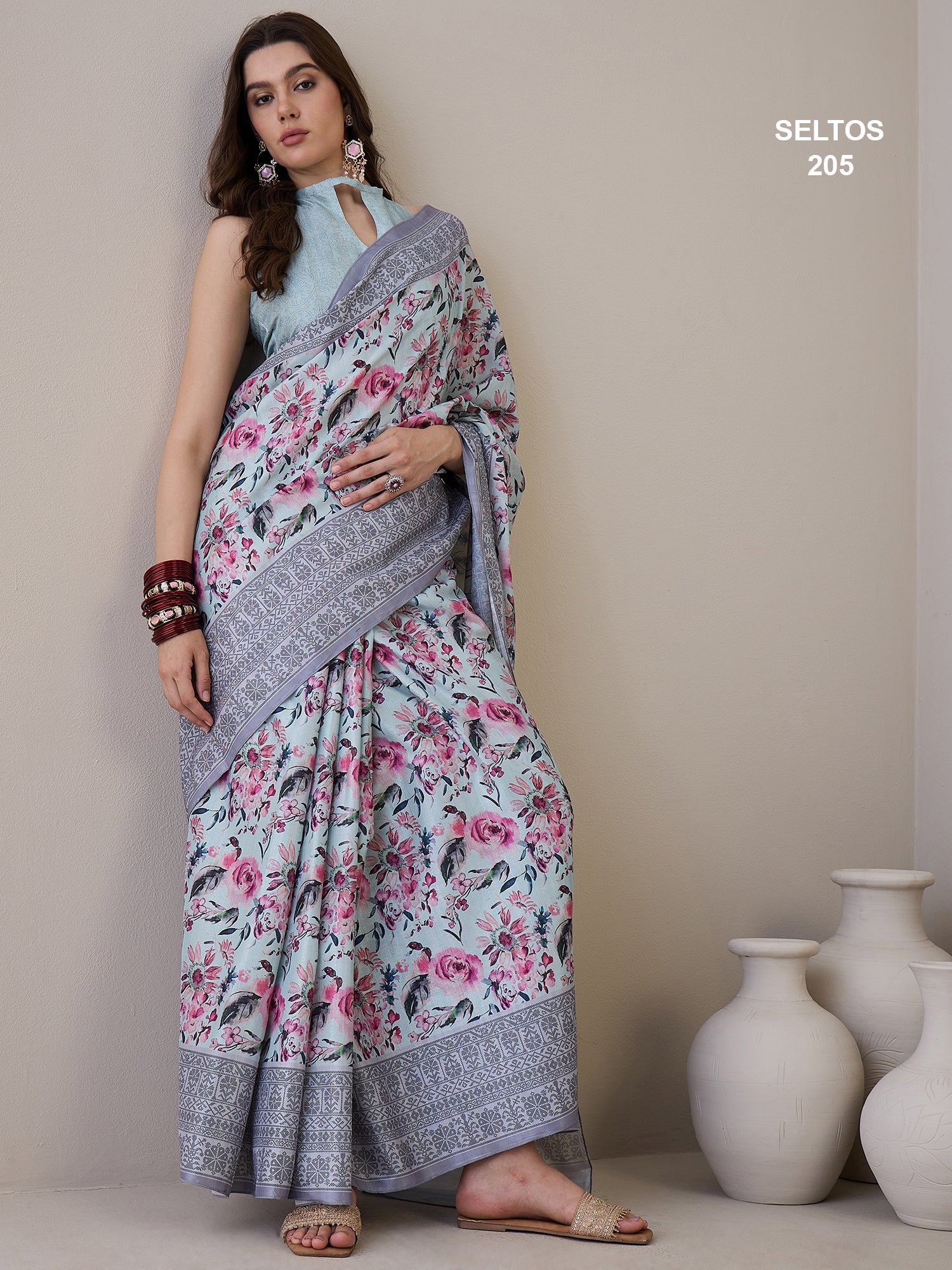 SELTOS Womens New Latest Digitally Floral Printed Cotton silk Saree