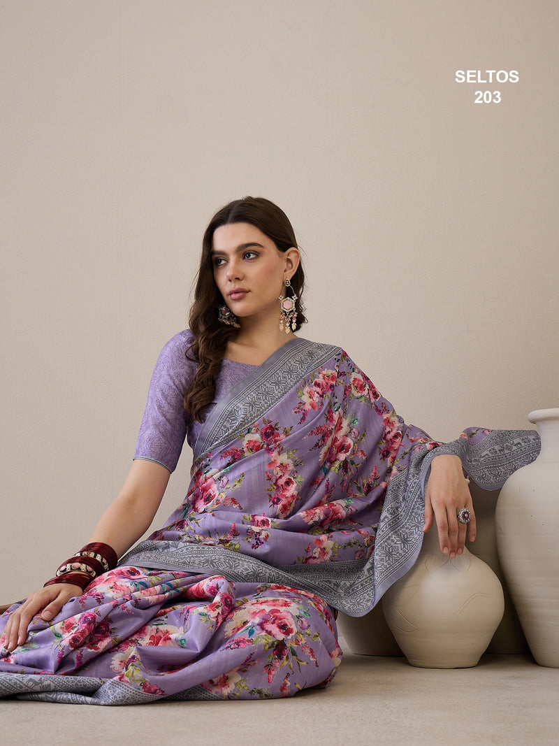 SELTOS Women`s Cotton Silk Blend Floral Design pallu saree