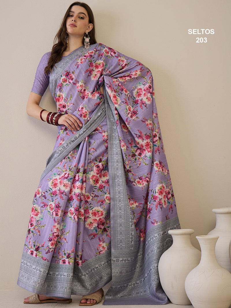SELTOS Women`s Cotton Silk Blend Floral Design pallu saree