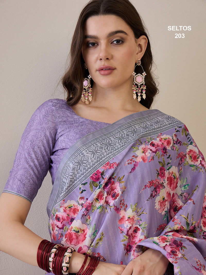 SELTOS Women`s Cotton Silk Blend Floral Design pallu saree