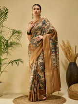ADHIRA-Elegant Beige Heritage Printed Saree with Antique Gold Zari Border and Traditional Folk Art Motifs for Festive & Ethnic Wear