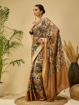 ADHIRA-Elegant Beige Heritage Printed Saree with Antique Gold Zari Border and Traditional Folk Art Motifs for Festive & Ethnic Wear