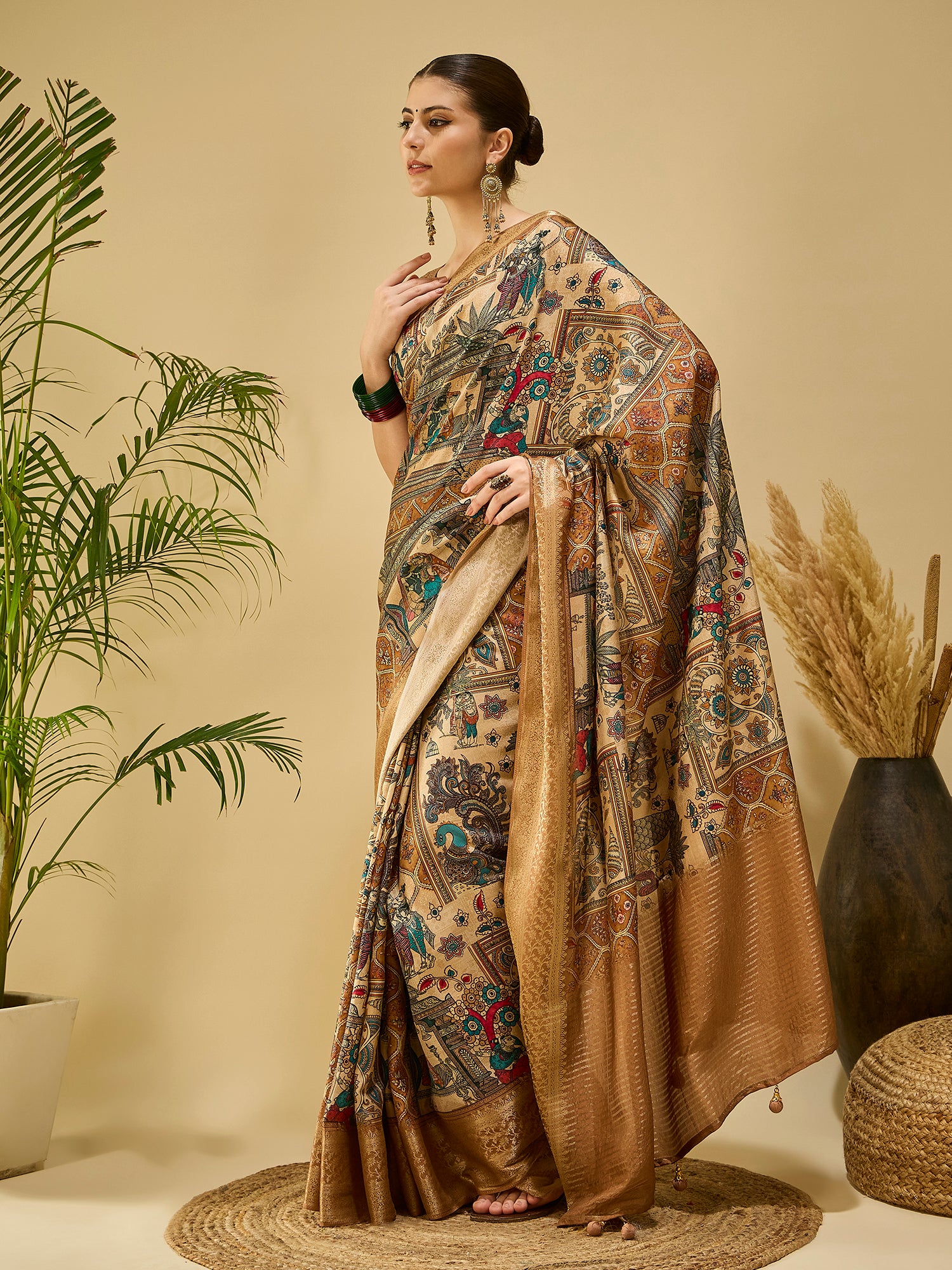 ADHIRA-Elegant Beige Heritage Printed Saree with Antique Gold Zari Border and Traditional Folk Art Motifs for Festive & Ethnic Wear