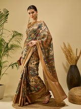 ADHIRA-Elegant Beige Heritage Printed Saree with Antique Gold Zari Border and Traditional Folk Art Motifs for Festive & Ethnic Wear