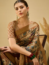 ADHIRA-Elegant Beige Heritage Printed Saree with Antique Gold Zari Border and Traditional Folk Art Motifs for Festive & Ethnic Wear