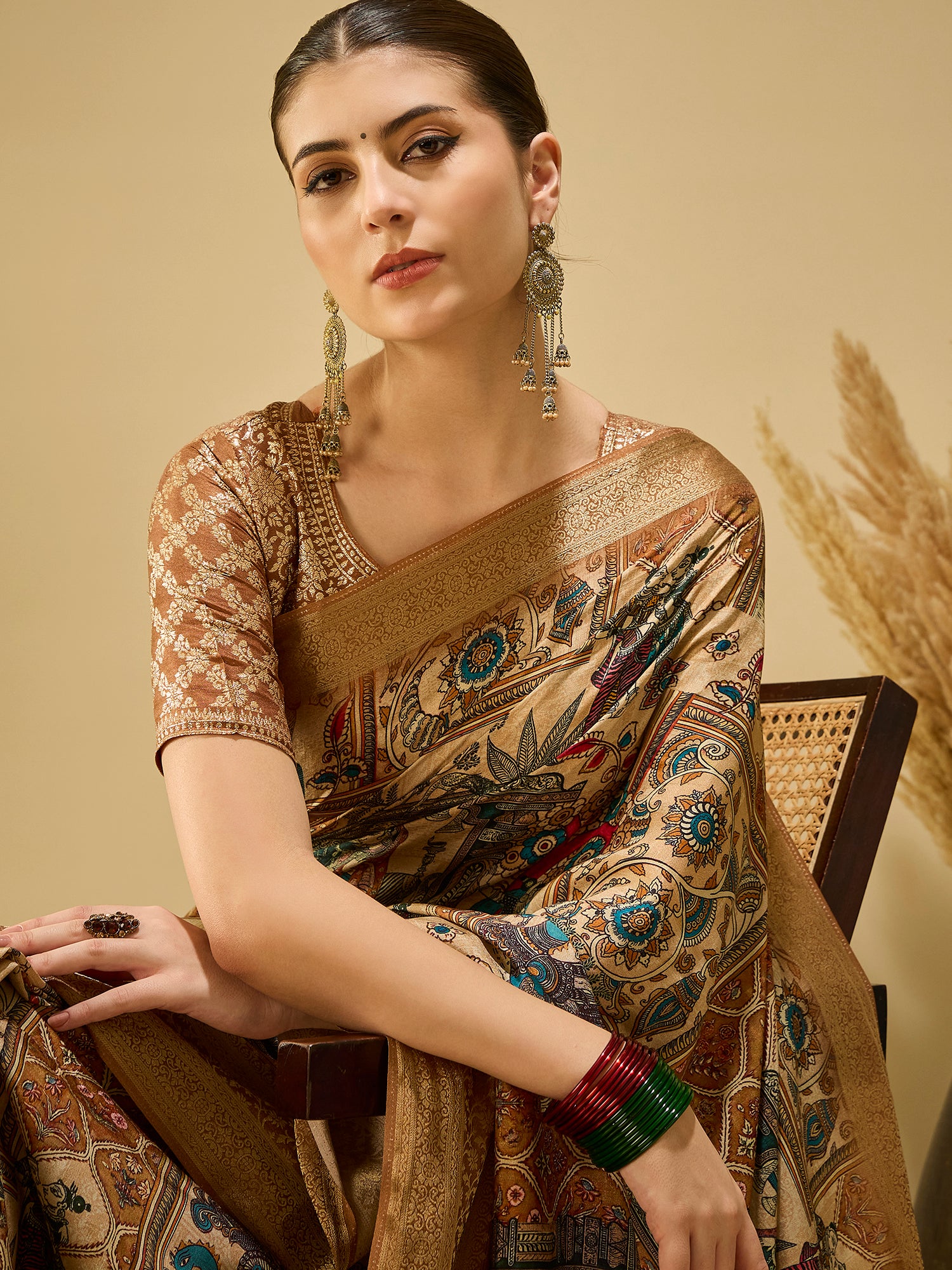 ADHIRA-Elegant Beige Heritage Printed Saree with Antique Gold Zari Border and Traditional Folk Art Motifs for Festive & Ethnic Wear