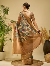 ADHIRA-Elegant Beige Heritage Printed Saree with Antique Gold Zari Border and Traditional Folk Art Motifs for Festive & Ethnic Wear