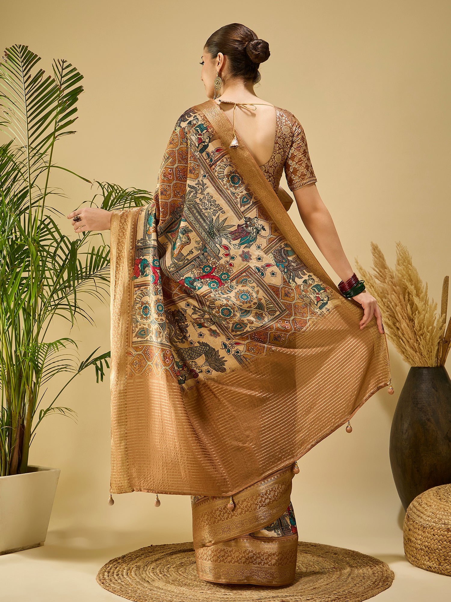 ADHIRA-Elegant Beige Heritage Printed Saree with Antique Gold Zari Border and Traditional Folk Art Motifs for Festive & Ethnic Wear