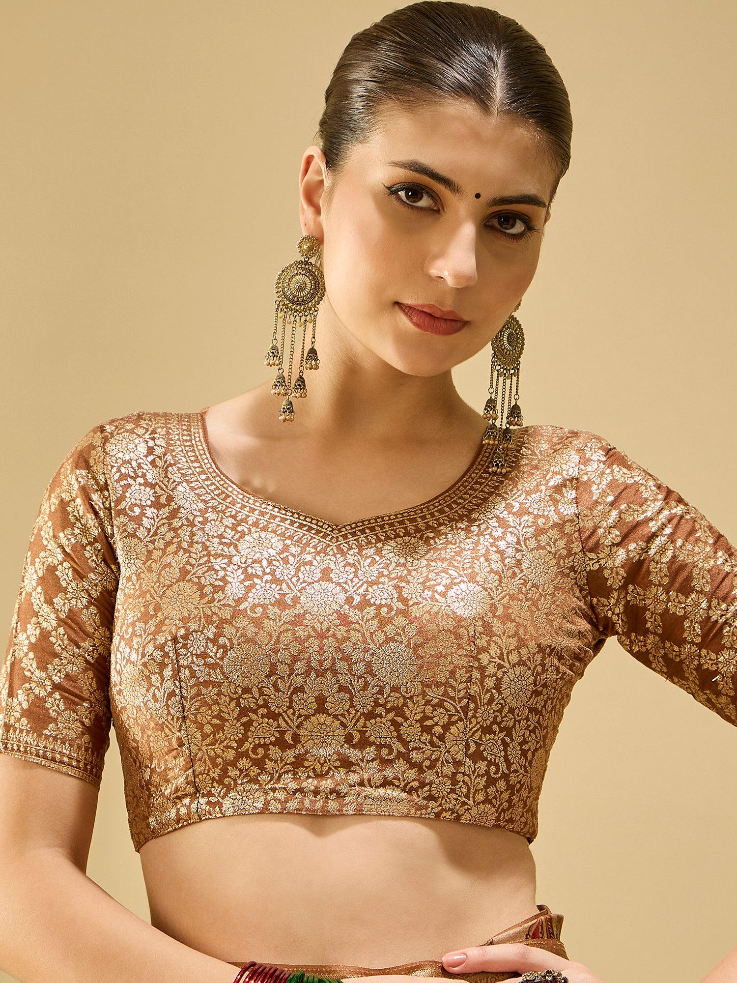 ADHIRA-Elegant Beige Heritage Printed Saree with Antique Gold Zari Border and Traditional Folk Art Motifs for Festive & Ethnic Wear