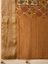ADHIRA-Elegant Beige Heritage Printed Saree with Antique Gold Zari Border and Traditional Folk Art Motifs for Festive & Ethnic Wear