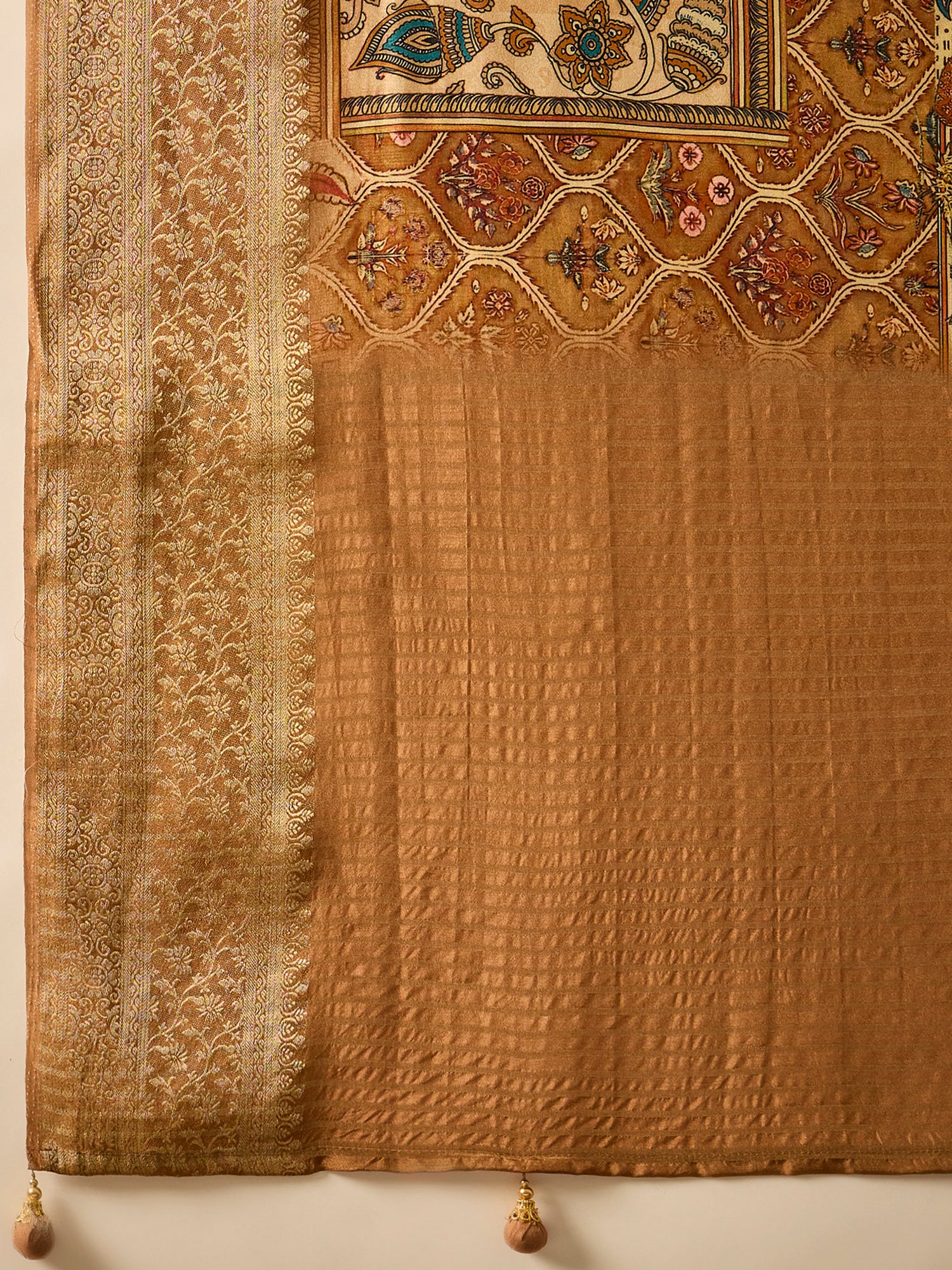 ADHIRA-Elegant Beige Heritage Printed Saree with Antique Gold Zari Border and Traditional Folk Art Motifs for Festive & Ethnic Wear