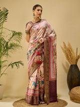 ADHIRA-Elegant blush pink saree with artistic floral and cultural figurine print design