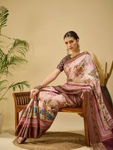 ADHIRA-Elegant blush pink saree with artistic floral and cultural figurine print design
