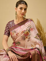 ADHIRA-Elegant blush pink saree with artistic floral and cultural figurine print design