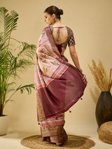 ADHIRA-Elegant blush pink saree with artistic floral and cultural figurine print design
